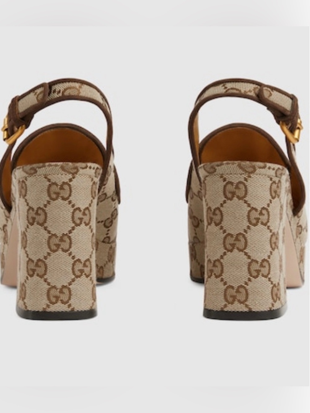 Gucci Beige GG Canvas Block Heel Sandals with Brown Trim